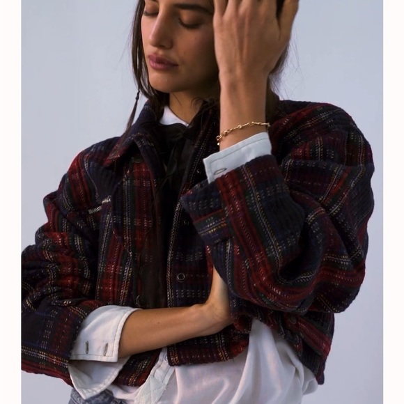 We The Free Free People FP Swing Flight Jacket Red Navy Tartan Plaid Size L - Picture 9 of 16